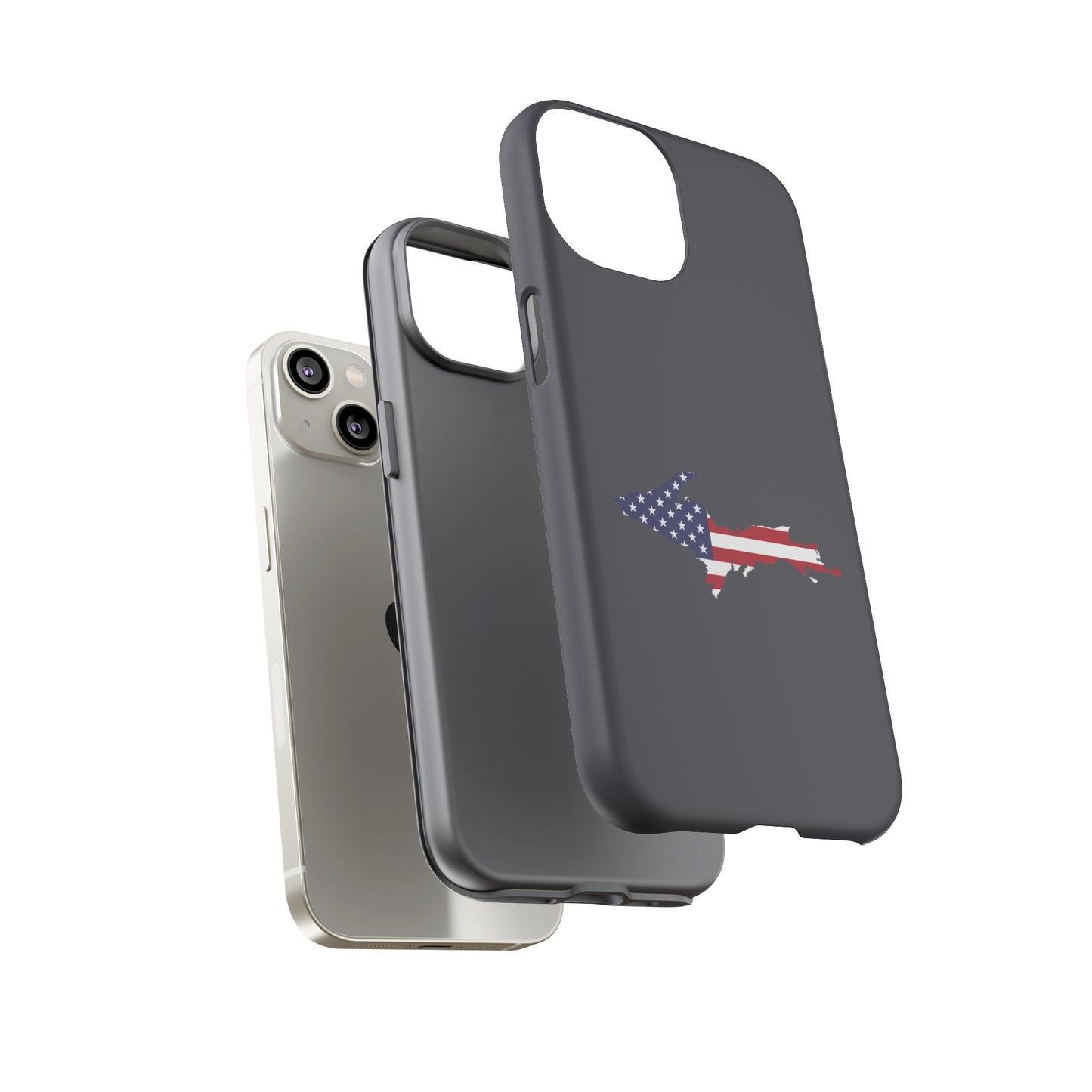 Michigan Upper Peninsula Tough Phone Case (Iron Ore Grey w/ UP USA Flag Outline) | Apple iPhone