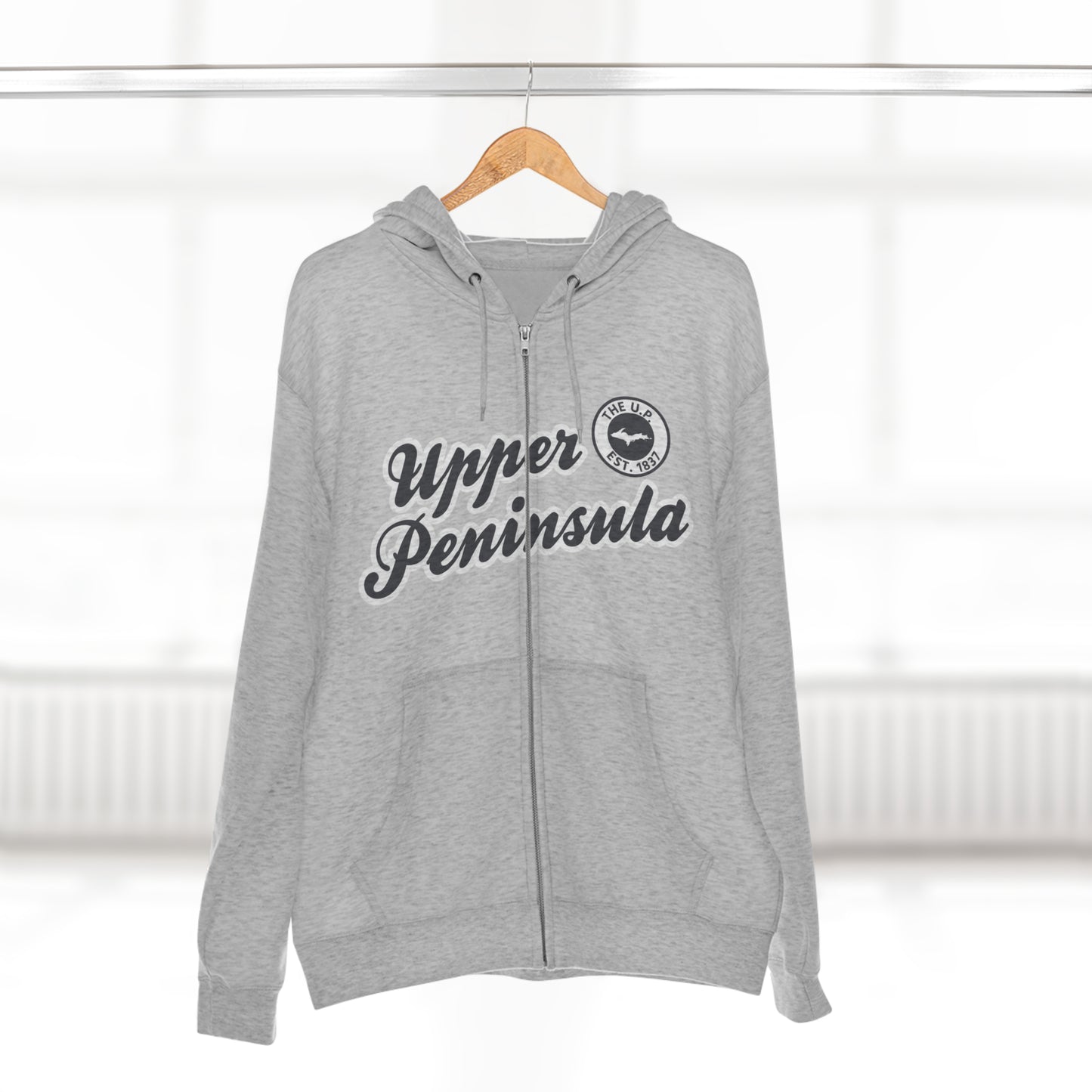 'Upper Peninsula EST 1837' Hoodie (Iron Ore Grey Script Font) | Unisex Full Zip