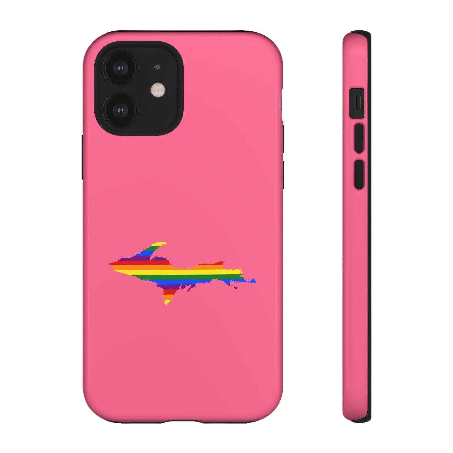 Michigan Upper Peninsula Tough Phone Case (Rhodochrosite Pink w/ UP Pride Flag Outline) | Apple iPhone