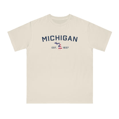 'Michigan EST 1837' T-Shirt (w/ MI USA Flag Outline)| Organic Unisex