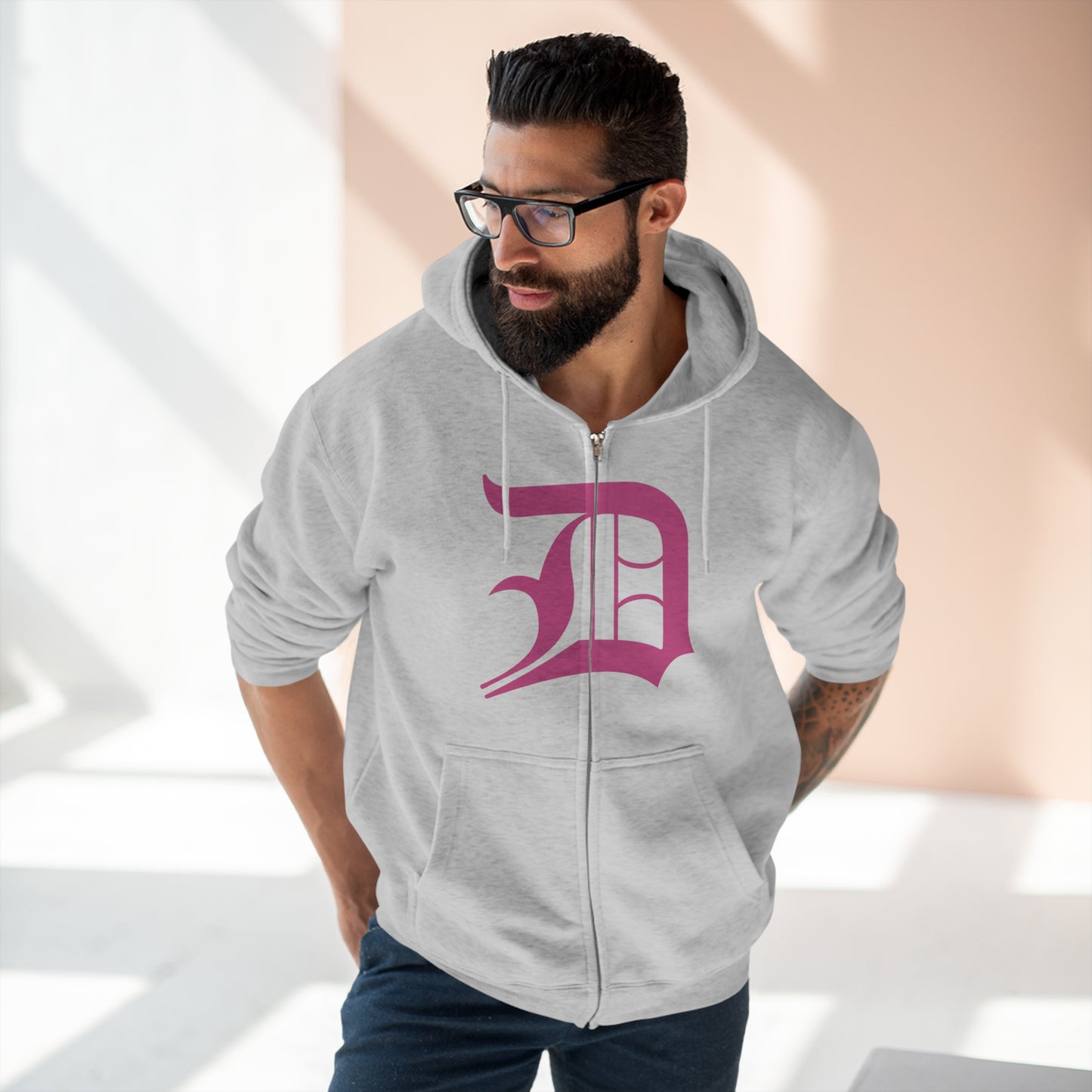 Detroit 'Old English D' Hoodie (Full-Body Apple Blossom Pink) | Unisex Full Zip