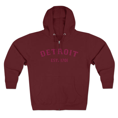 'Detroit EST. 1701' Hoodie (Ruby Red Ballpark Font) | Unisex Full Zip