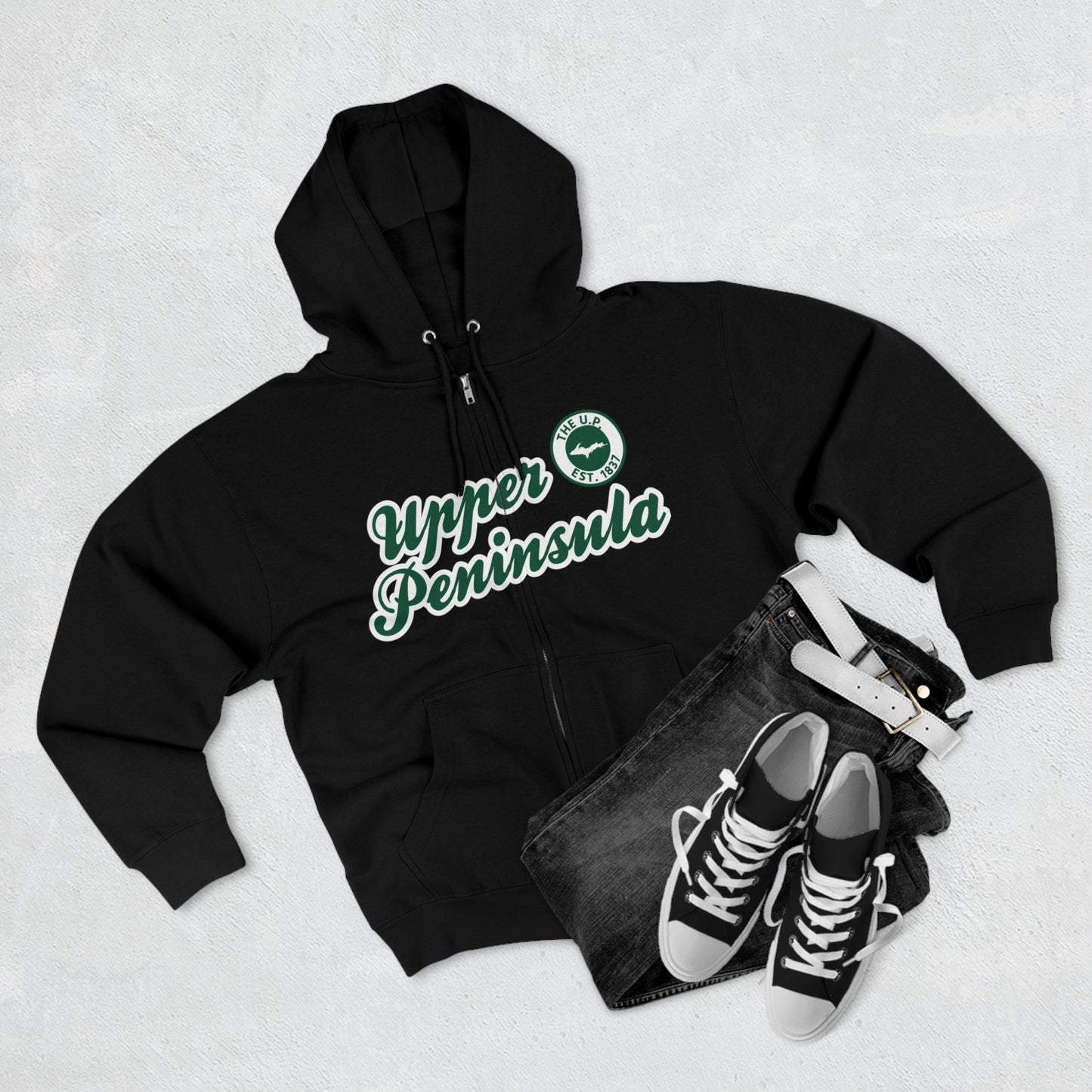 Upper Peninsula EST 1837' Hoodie (Superior Green Script Font) | Unisex Full Zip