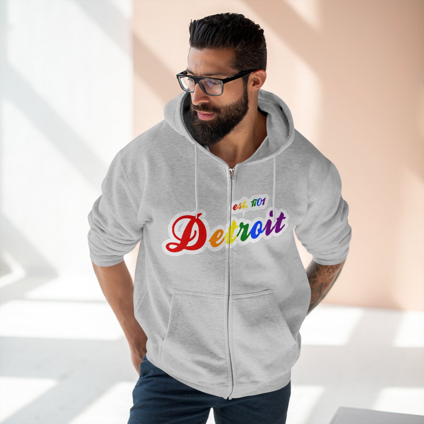 'Detroit EST 1701' Hoodie (Rainbow Pride Script Font) | Unisex Full Zip