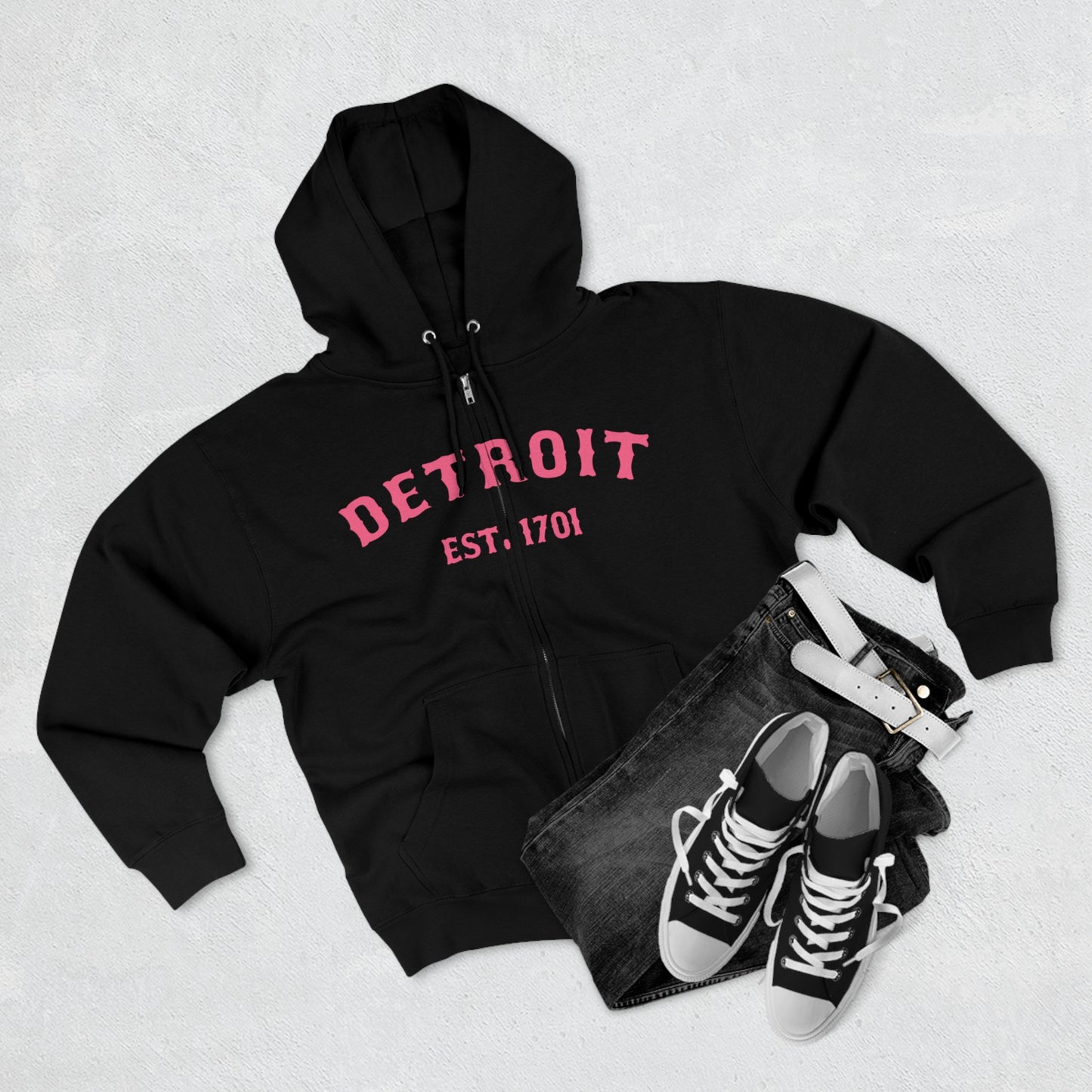 'Detroit EST. 1701' Hoodie (Rhodochrosite Pink Ballpark Font) | Unisex Full Zip