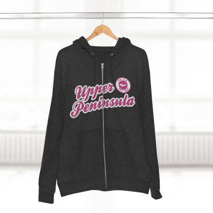 'Upper Peninsula EST 1837' Hoodie (Apple Blossom Pink Script Font) | Unisex Full Zip