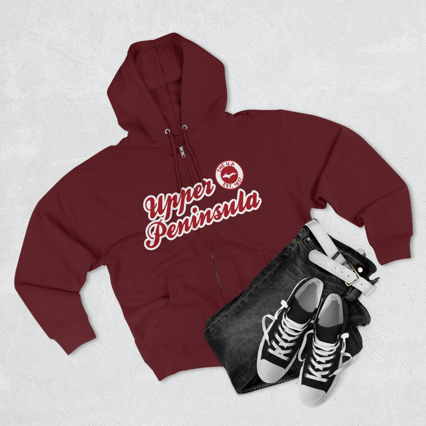 'Upper Peninsula EST 1837' Hoodie (Thimbleberry Red Script Font) | Unisex Full Zip