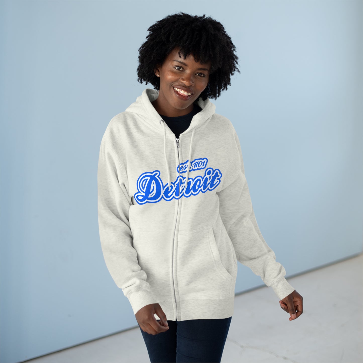 'Detroit EST 1701' Hoodie (Motor Town Blue Script Font) | Unisex Full Zip