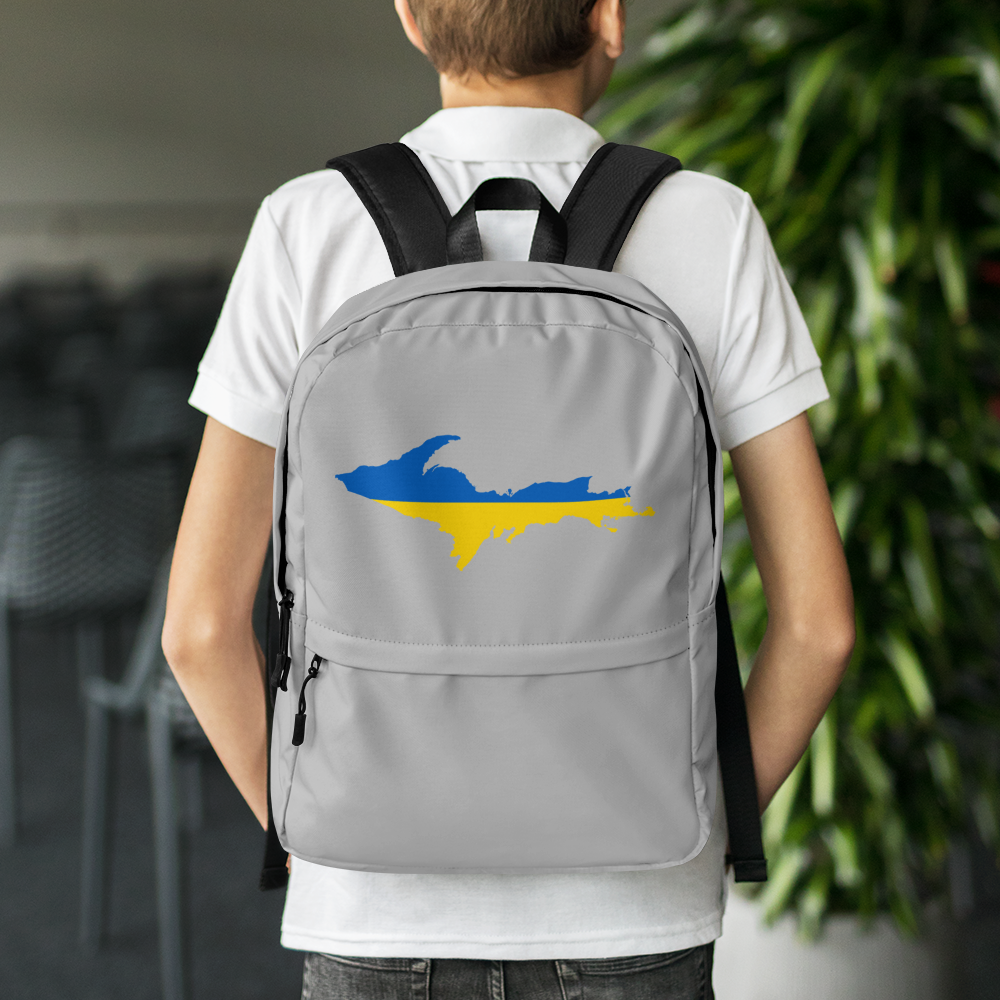 Michigan Upper Peninsula Standard Backpack (w/ UP Ukraine Flag Outline) | Silver