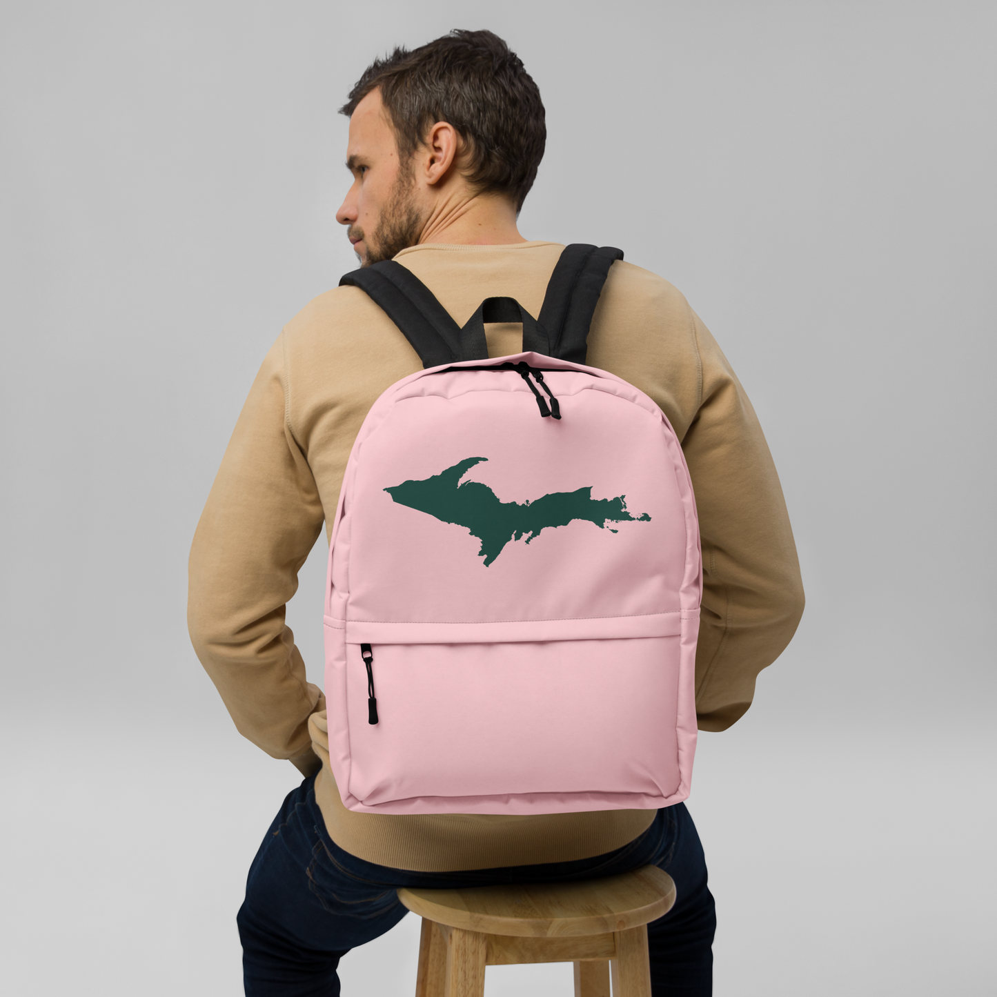 Michigan Upper Peninsula Standard Backpack (w/ Green UP Outline) | Pink