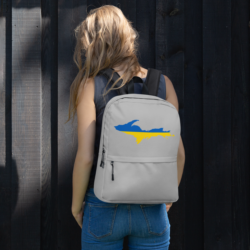 Michigan Upper Peninsula Standard Backpack (w/ UP Ukraine Flag Outline) | Silver