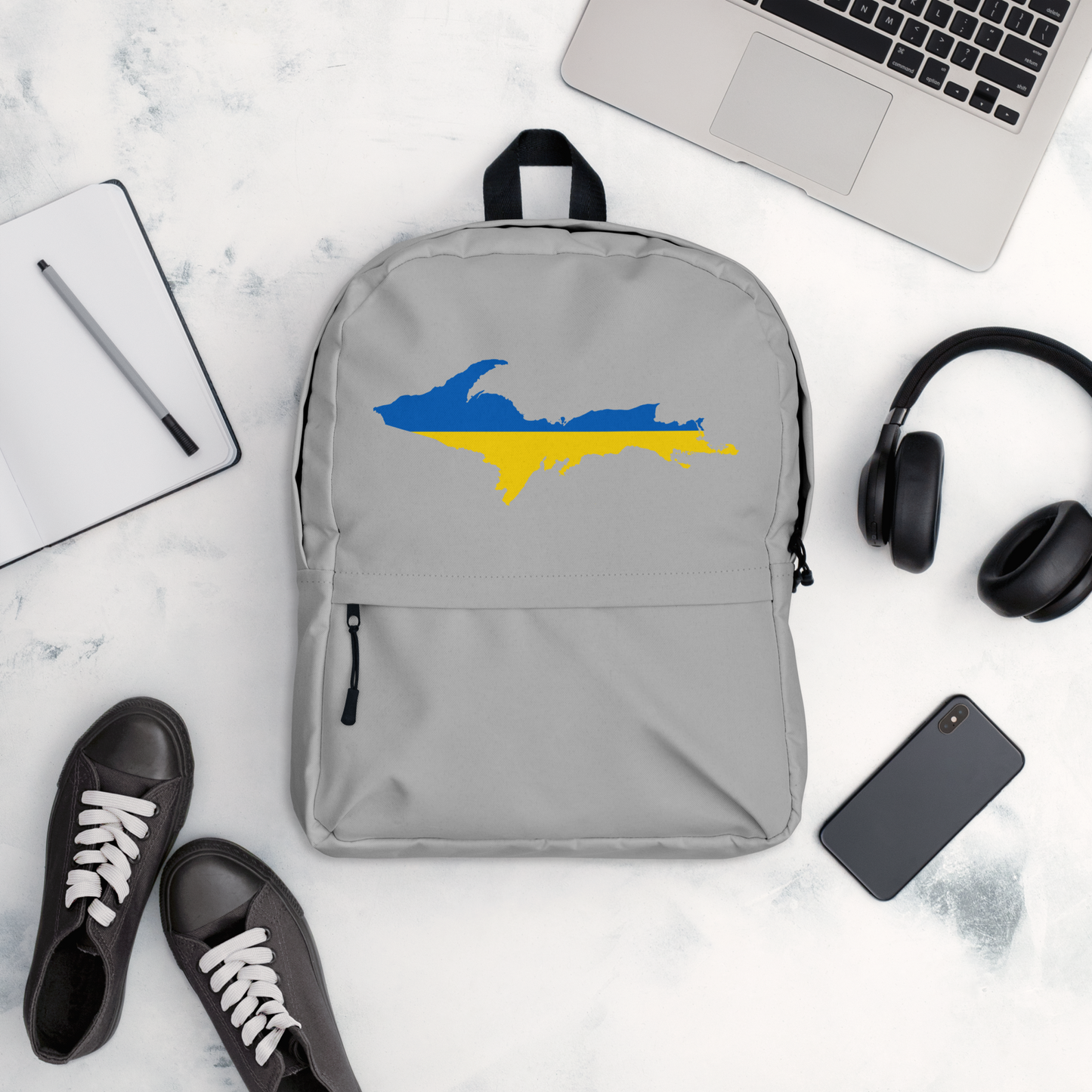 Michigan Upper Peninsula Standard Backpack (w/ UP Ukraine Flag Outline) | Silver