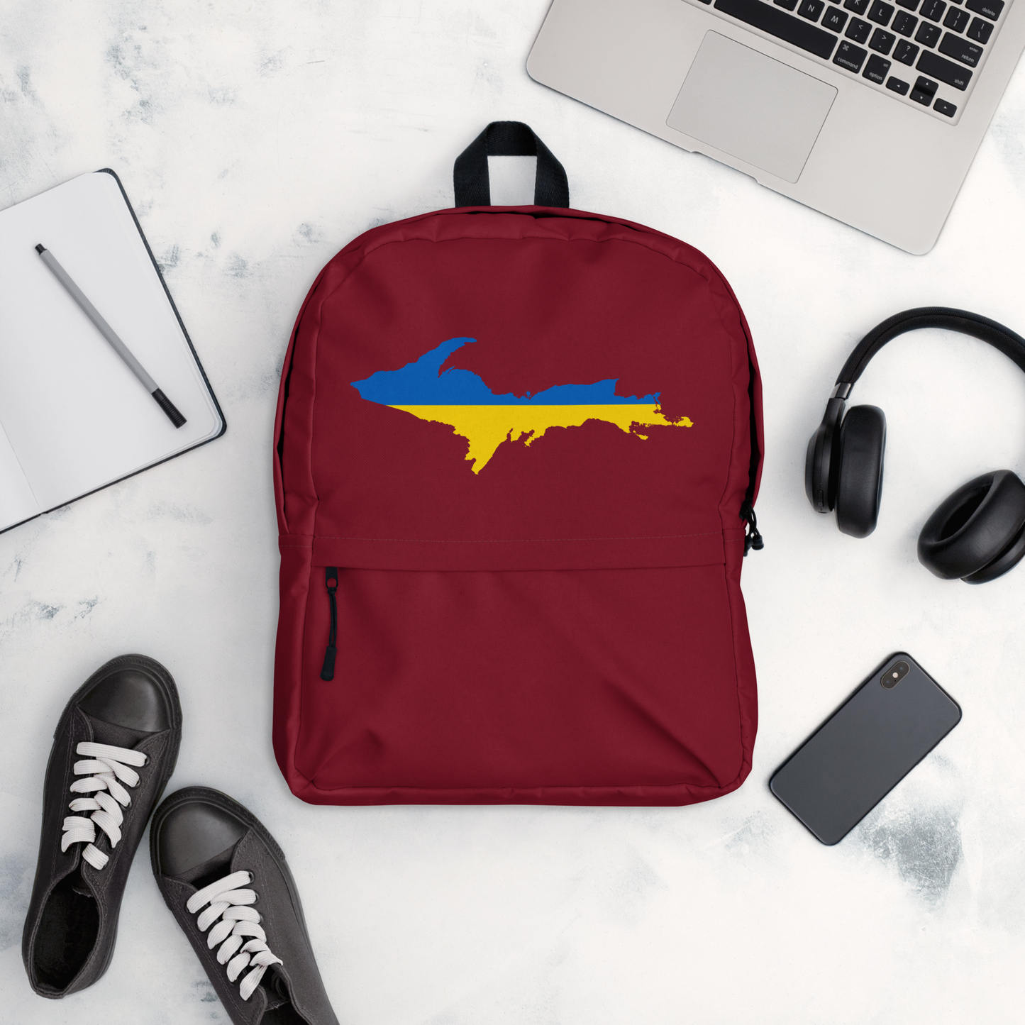 Michigan Upper Peninsula Standard Backpack (w/ UP Ukraine Flag Outline) | Burgundy