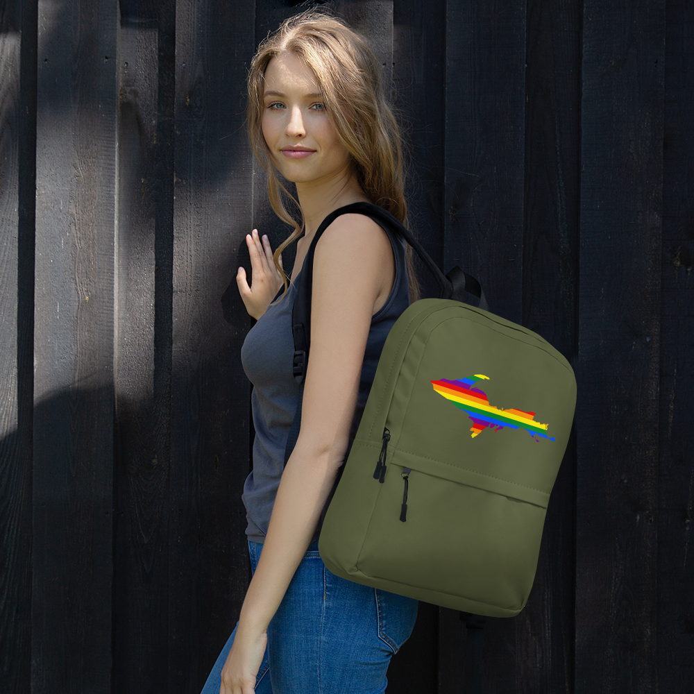 Michigan Upper Peninsula Standard Backpack (w/ UP Pride Flag Outline) | Army Green