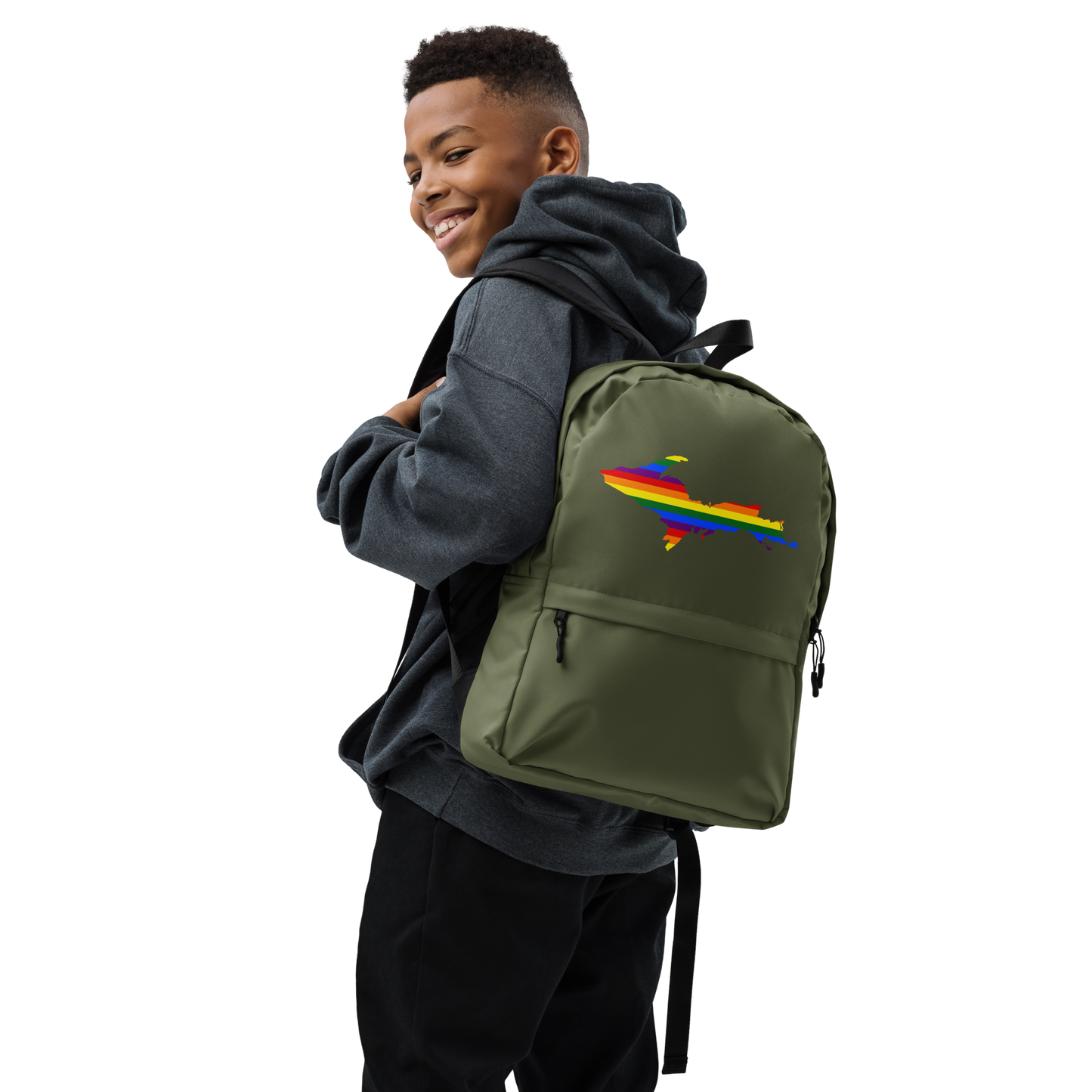 Michigan Upper Peninsula Standard Backpack (w/ UP Pride Flag Outline) | Army Green