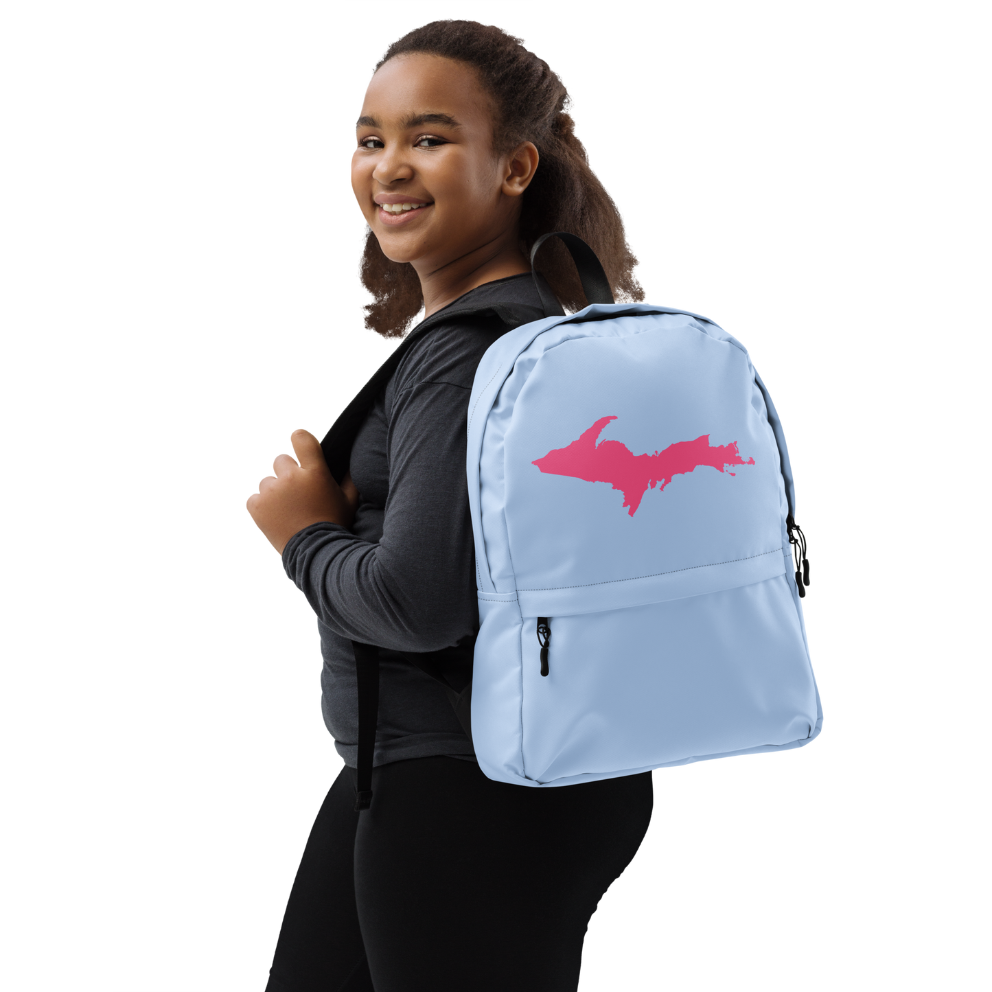 Michigan Upper Peninsula Standard Backpack (w/ Pink UP Outline) | Light Blue