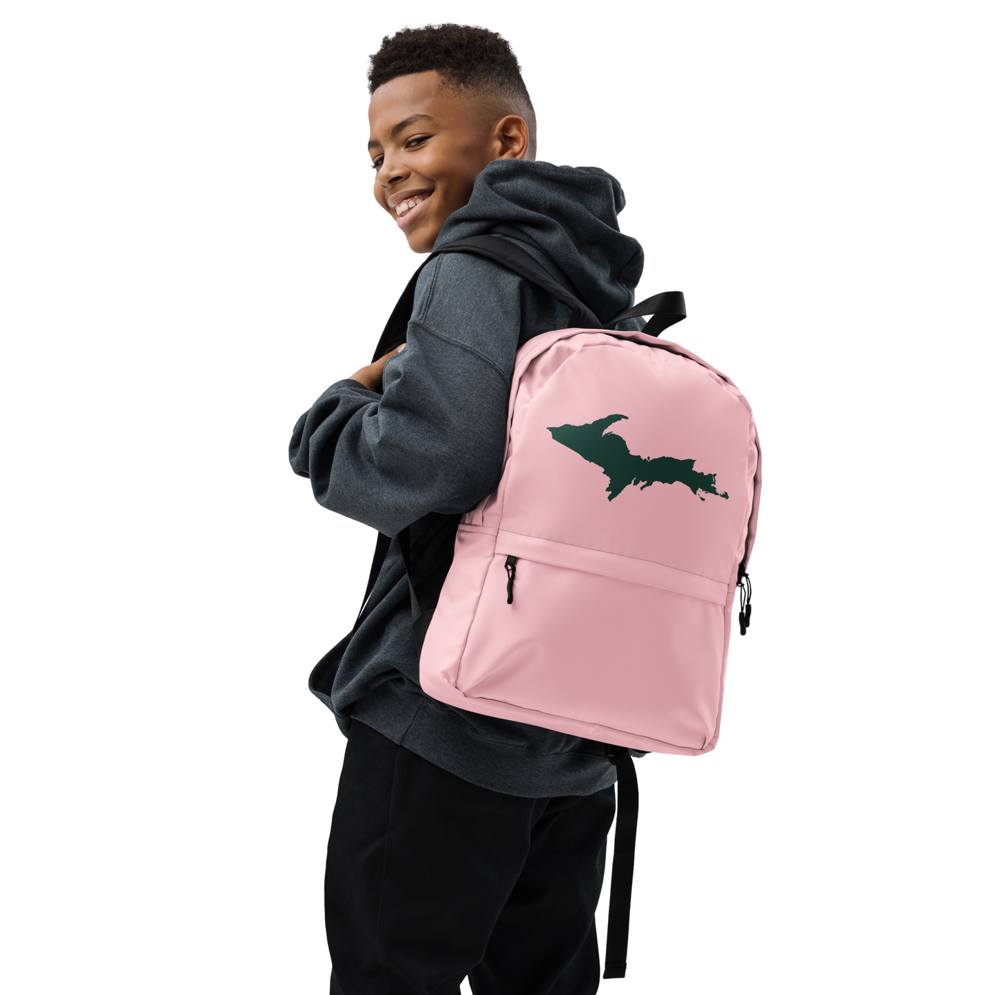 Michigan Upper Peninsula Standard Backpack (w/ Green UP Outline) | Pink