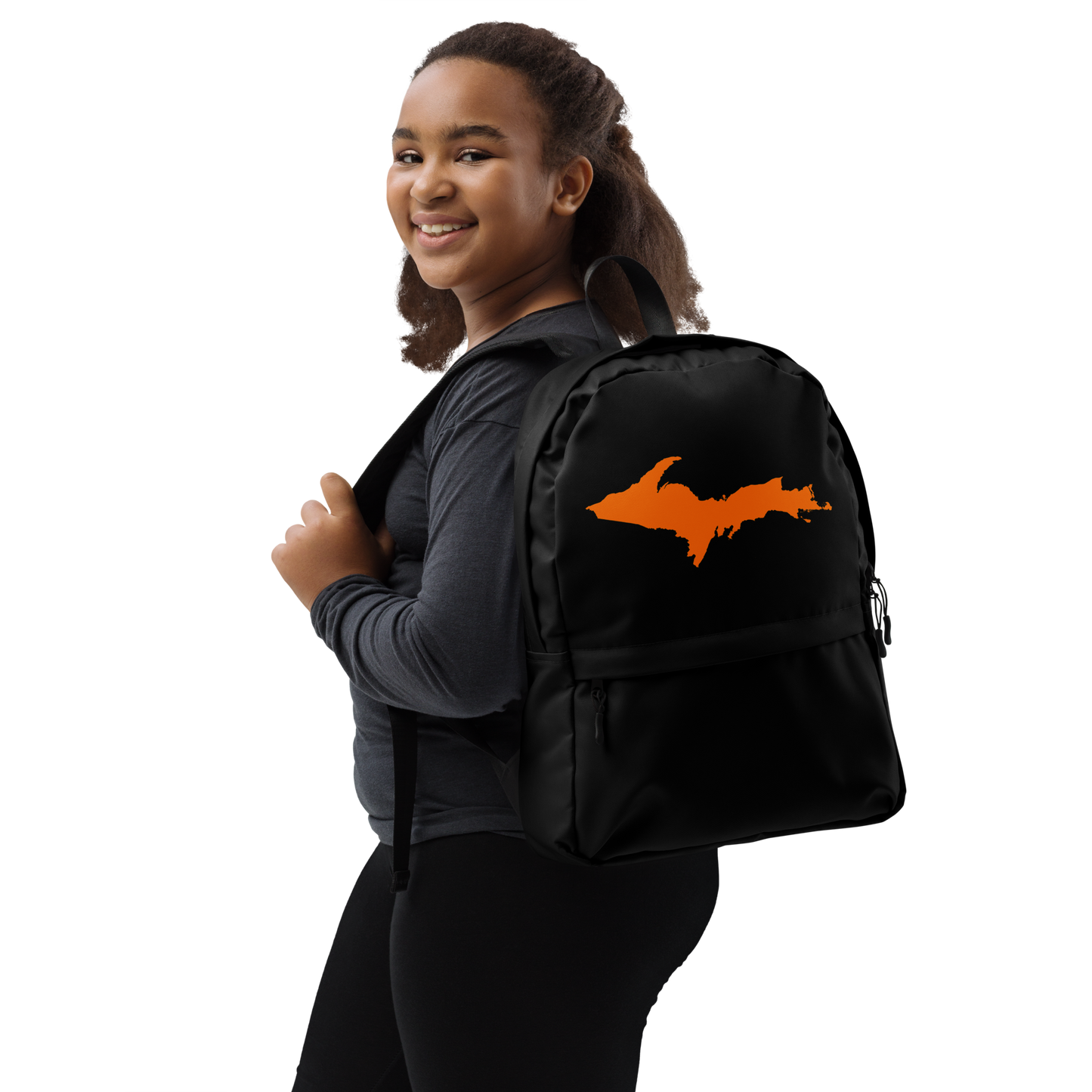 Michigan Upper Peninsula Standard Backpack (w/ Orange UP Outline) | Black