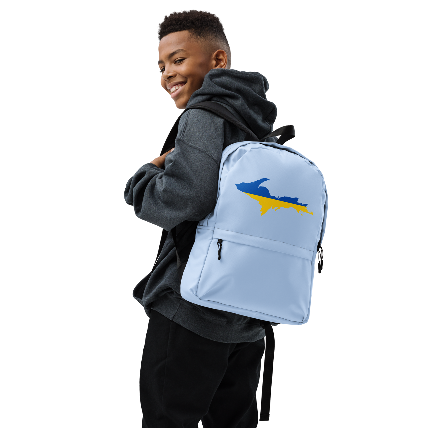 Michigan Upper Peninsula Standard Backpack (w/ UP Ukraine Flag Outline) | Light Blue