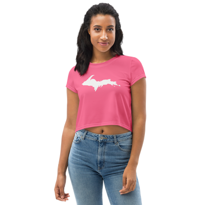 Michigan Upper Peninsula Crop Top (w/ UP Outline) | Sporty - Rhodochrosite Pink