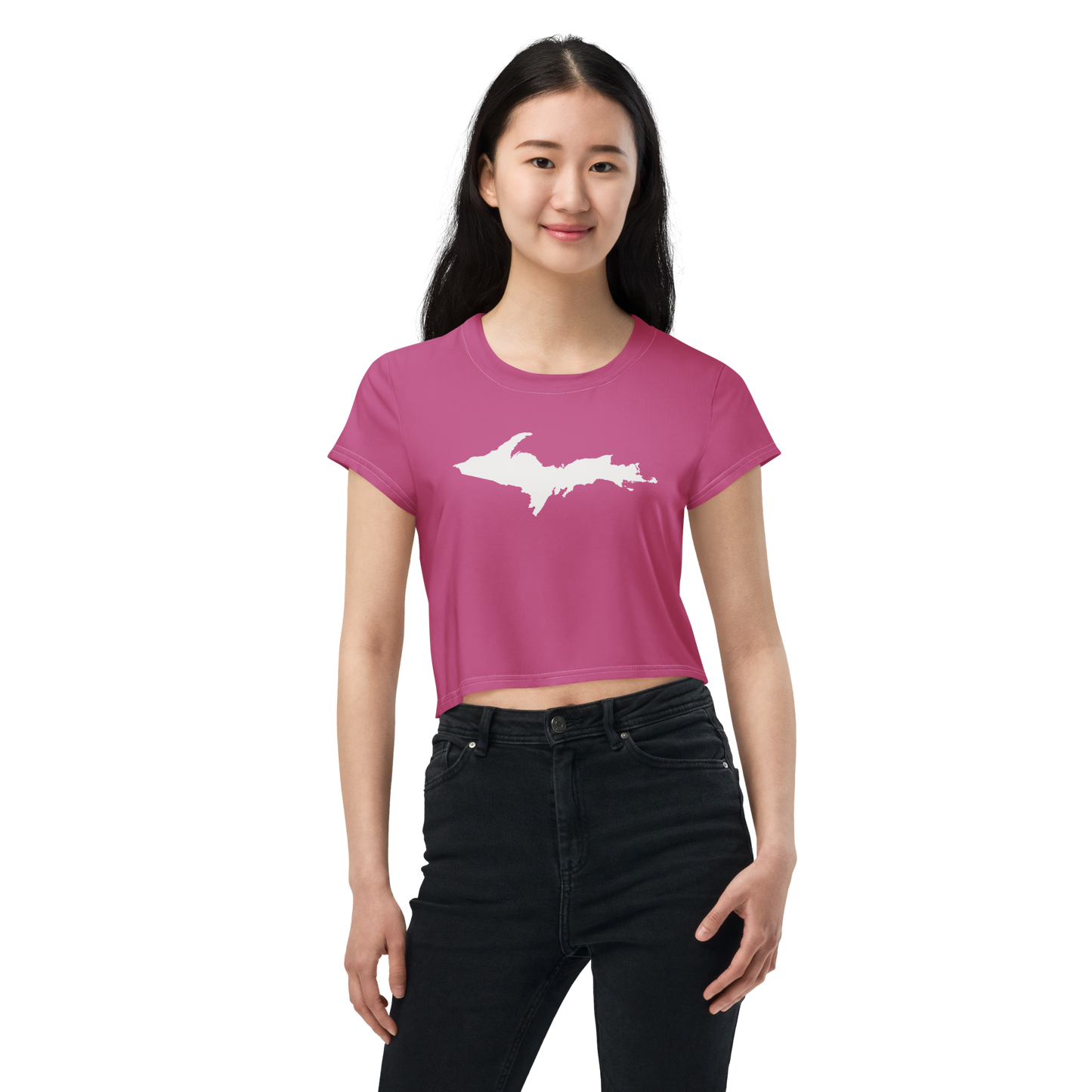 Michigan Upper Peninsula Crop Top (w/ UP Outline) | Sporty - Apple Blossom Pink