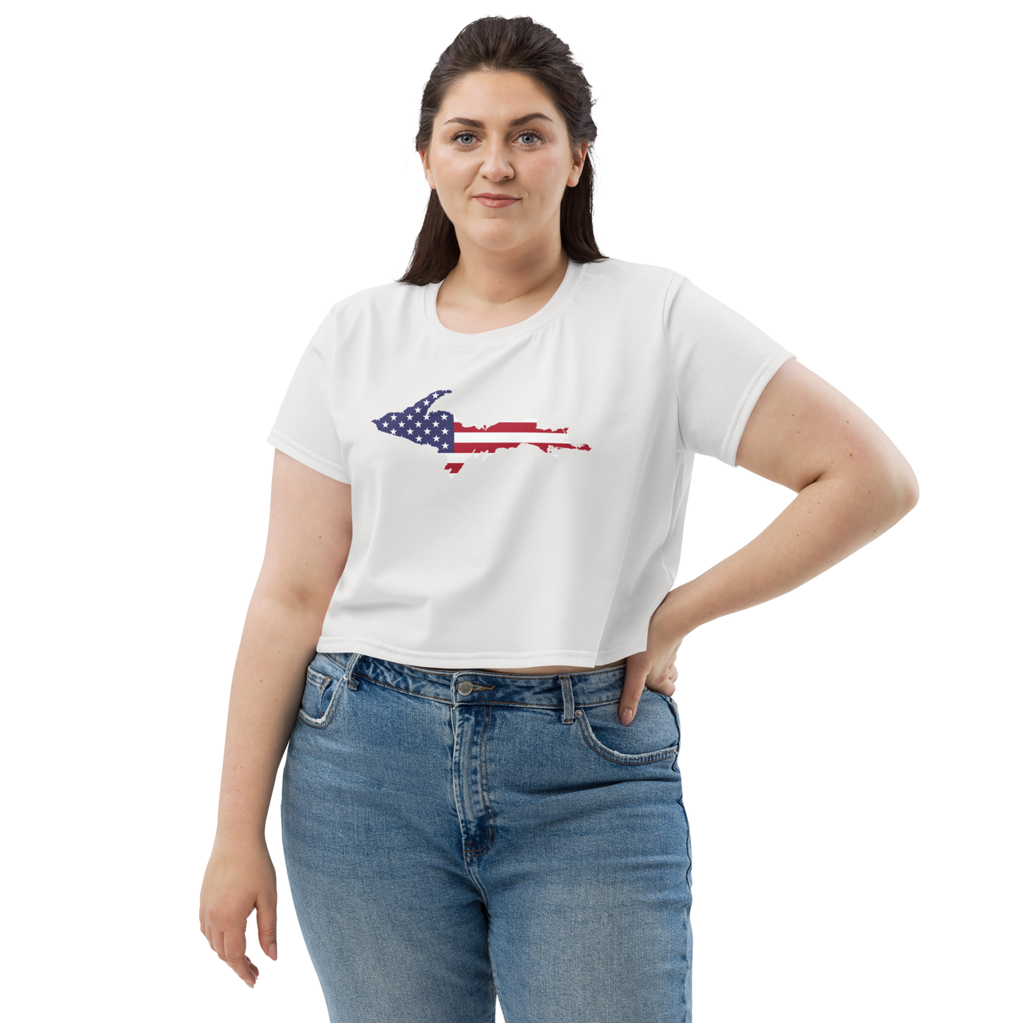 Michigan Upper Peninsula Crop Top (w/ UP USA Flag) | Sporty - Birch Bark White