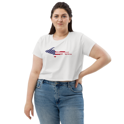 Michigan Upper Peninsula Crop Top (w/ UP USA Flag) | Sporty - Birch Bark White