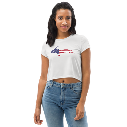 Michigan Upper Peninsula Crop Top (w/ UP USA Flag) | Sporty - Birch Bark White