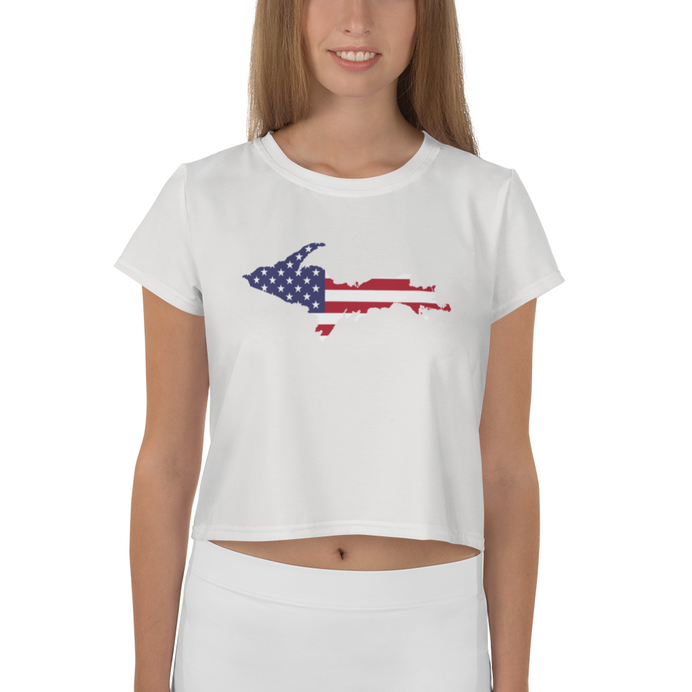 Michigan Upper Peninsula Crop Top (w/ UP USA Flag) | Sporty - Birch Bark White