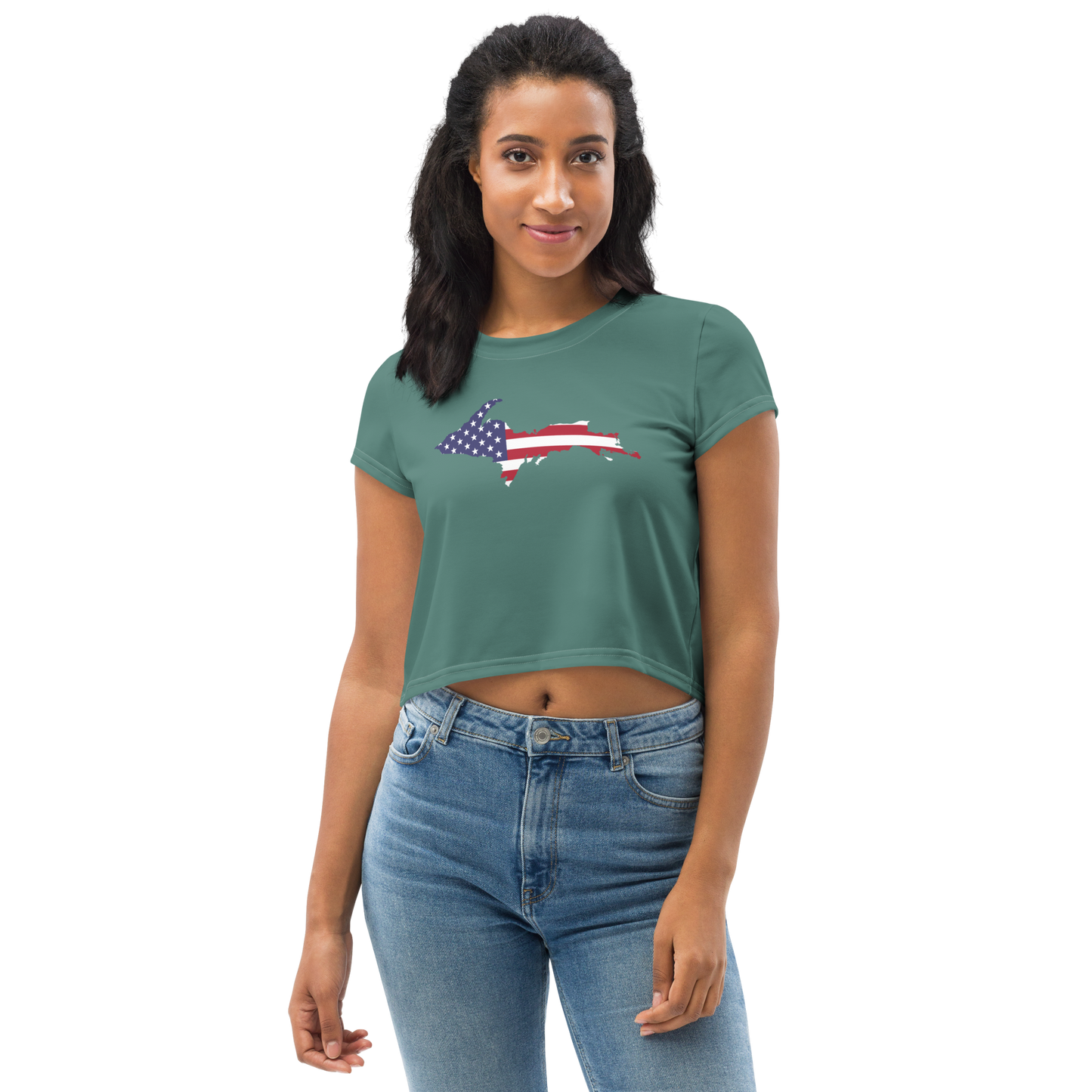 Michigan Upper Peninsula Crop Top (w/ UP USA Flag) | Sporty - Copper Green