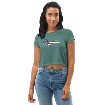 Michigan Upper Peninsula Crop Top (w/ UP USA Flag) | Sporty - Copper Green