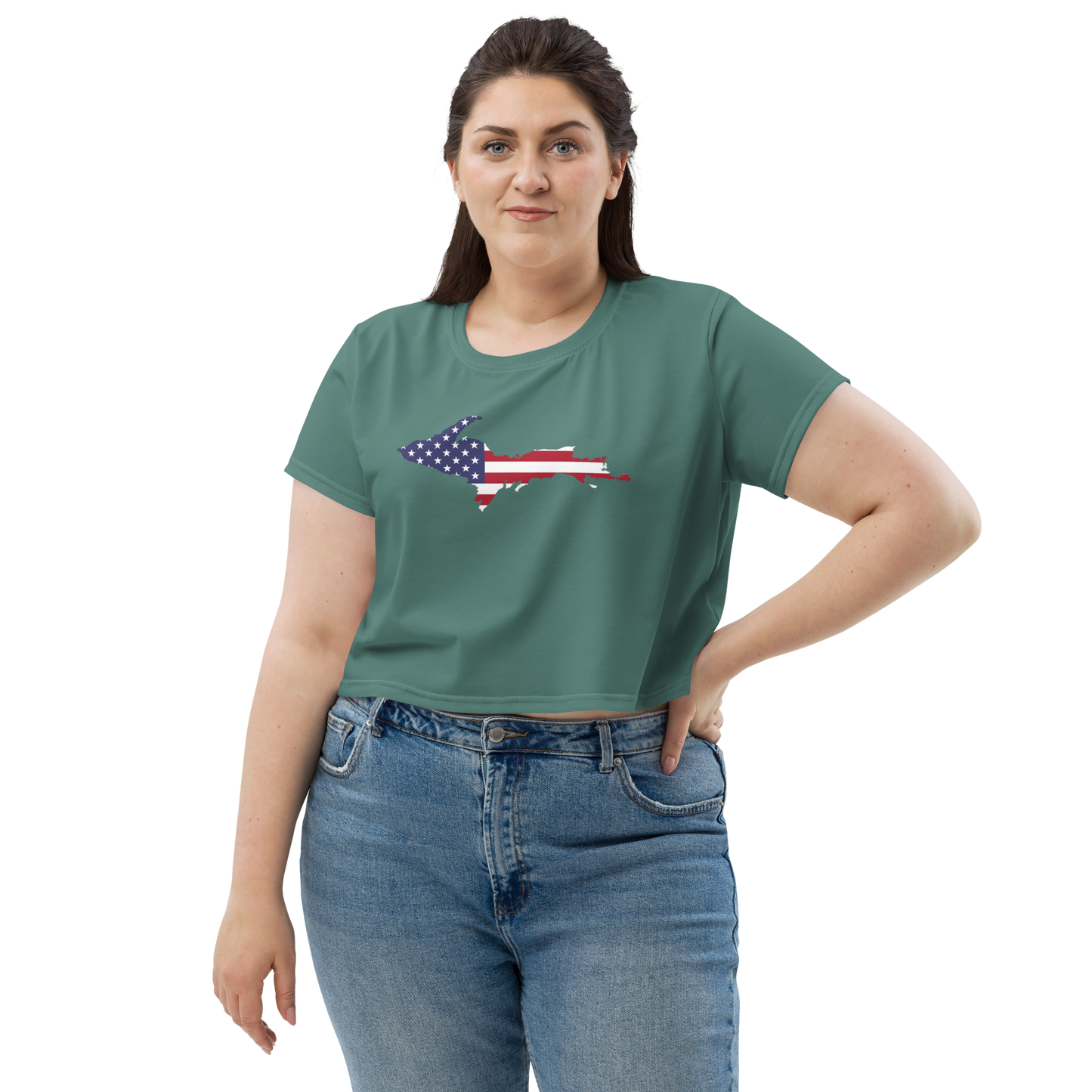 Michigan Upper Peninsula Crop Top (w/ UP USA Flag) | Sporty - Copper Green