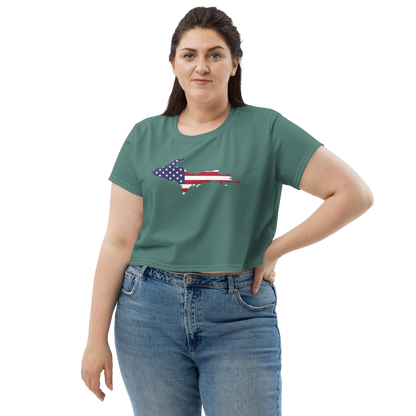 Michigan Upper Peninsula Crop Top (w/ UP USA Flag) | Sporty - Copper Green