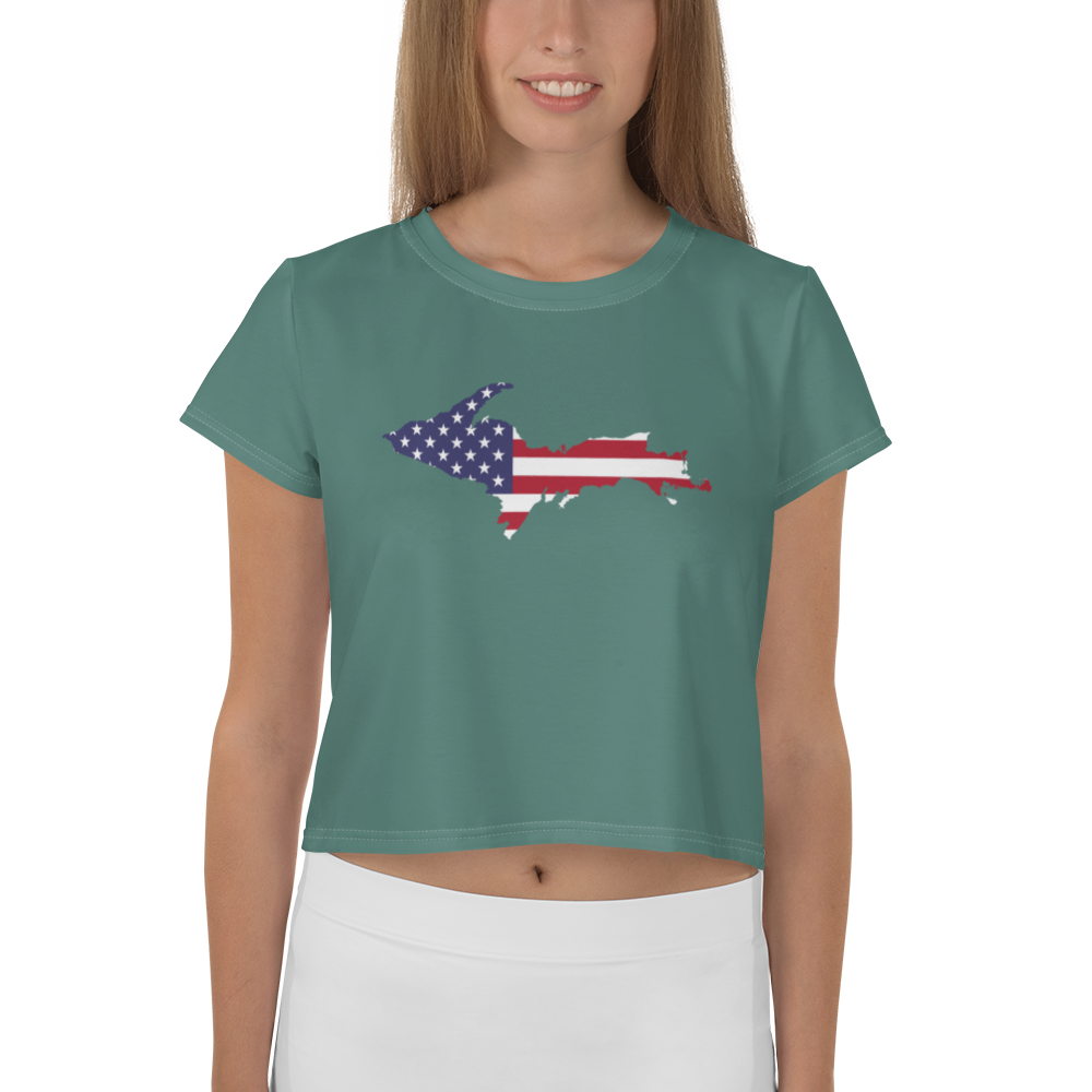 Michigan Upper Peninsula Crop Top (w/ UP USA Flag) | Sporty - Copper Green