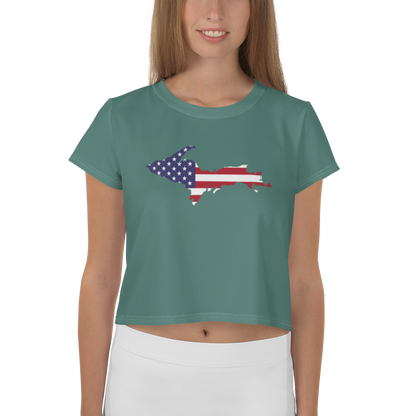 Michigan Upper Peninsula Crop Top (w/ UP USA Flag) | Sporty - Copper Green