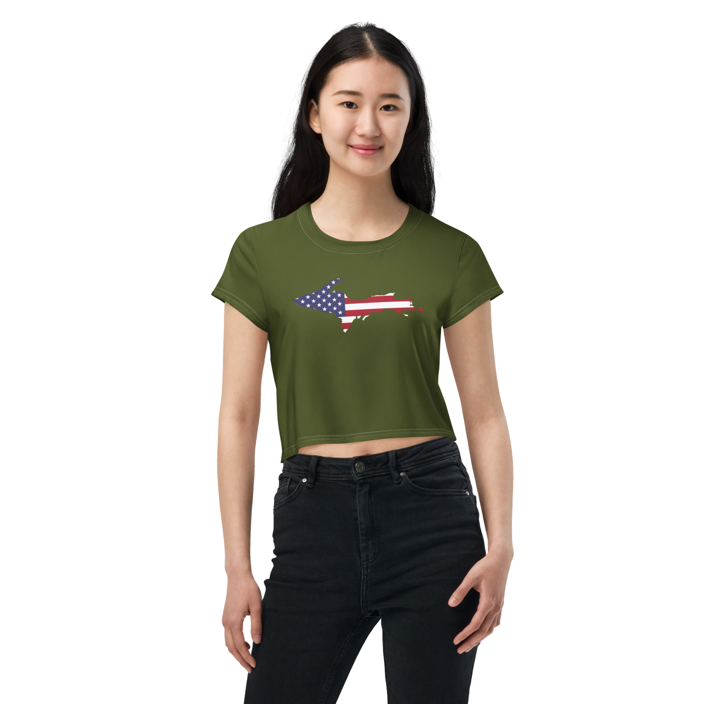 Michigan Upper Peninsula Crop Top (w/ UP USA Flag) | Sporty - Army Green