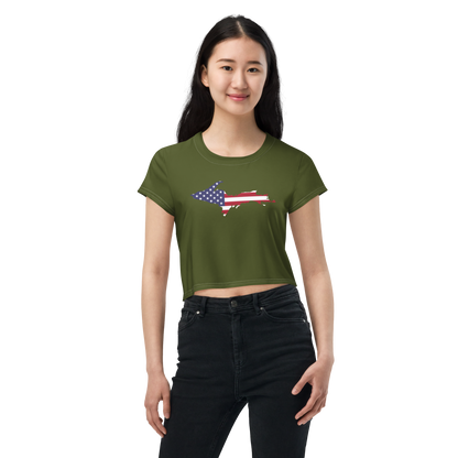 Michigan Upper Peninsula Crop Top (w/ UP USA Flag) | Sporty - Army Green