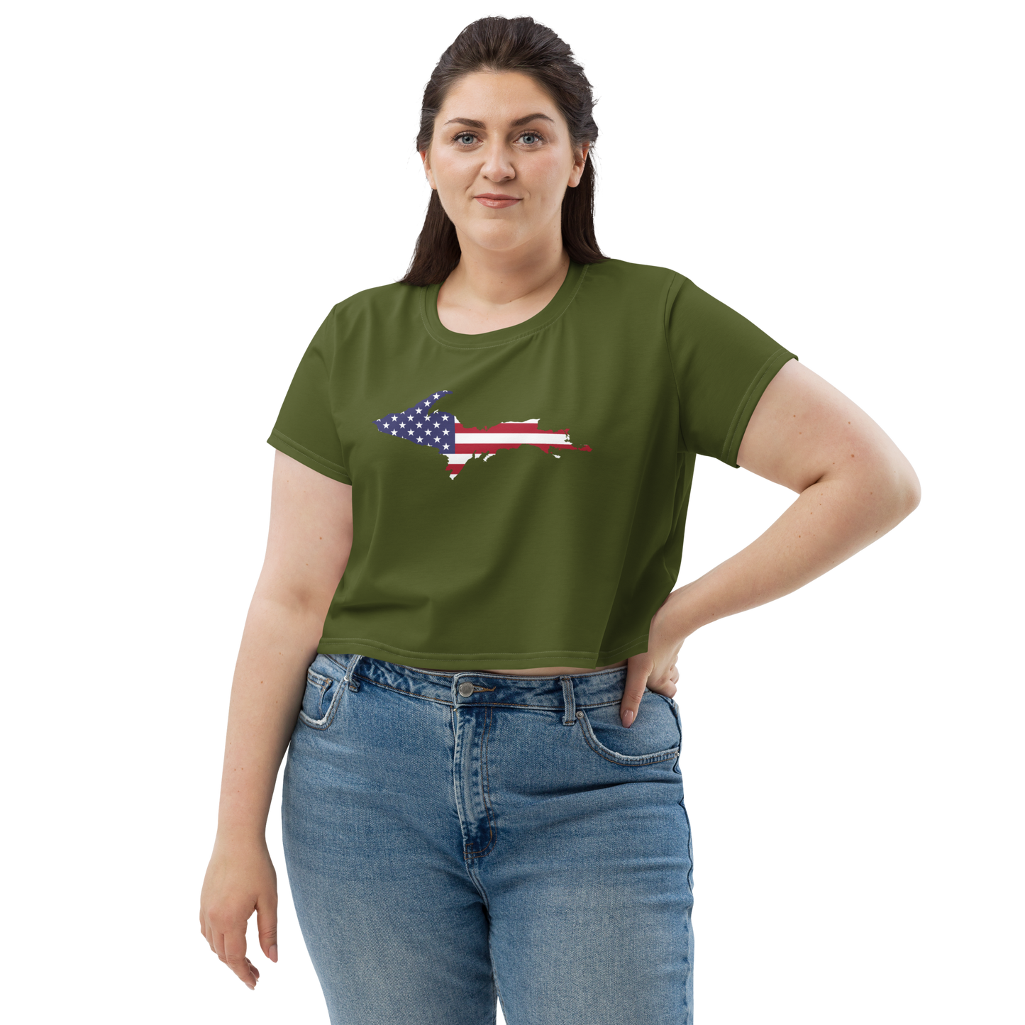 Michigan Upper Peninsula Crop Top (w/ UP USA Flag) | Sporty - Army Green