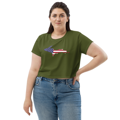 Michigan Upper Peninsula Crop Top (w/ UP USA Flag) | Sporty - Army Green