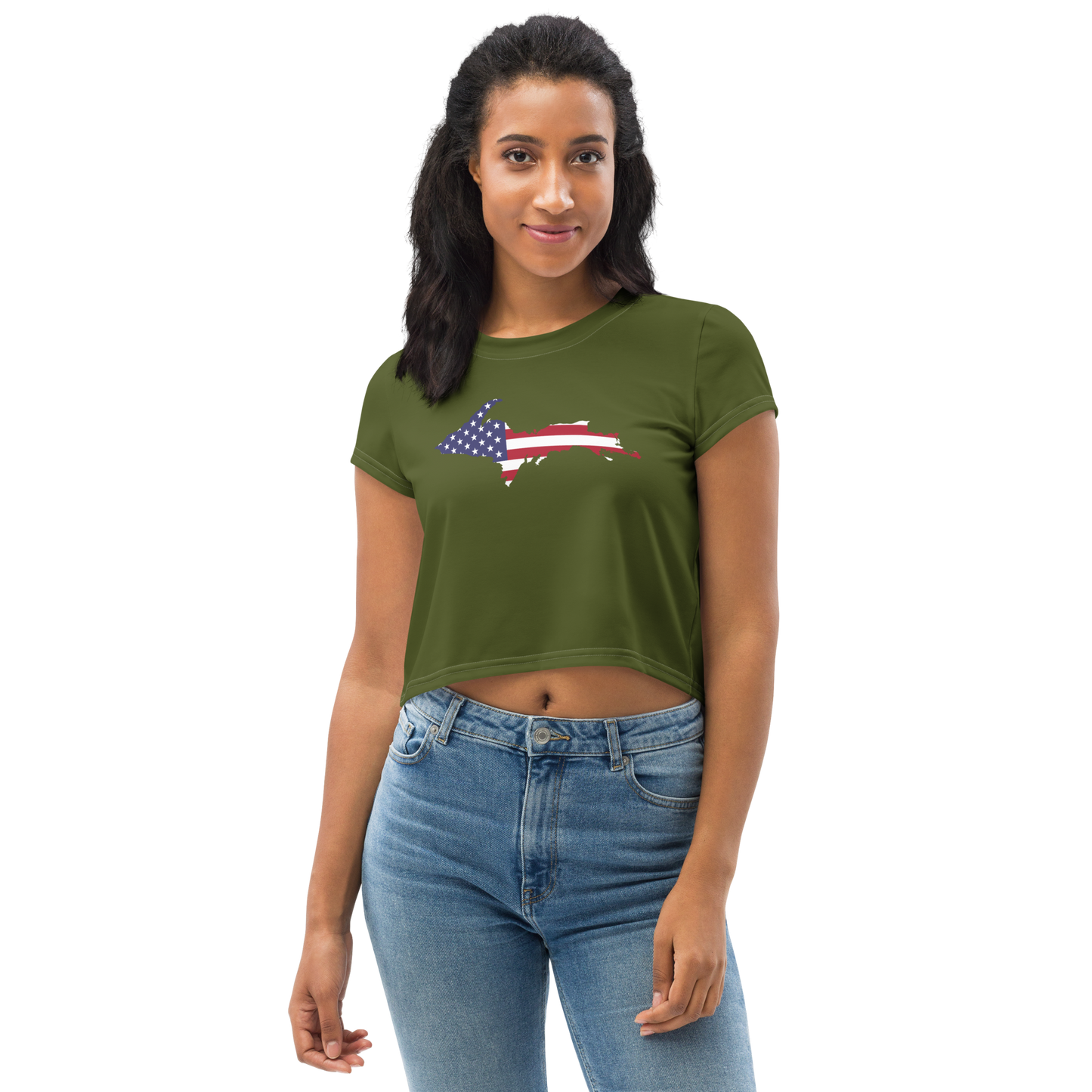 Michigan Upper Peninsula Crop Top (w/ UP USA Flag) | Sporty - Army Green