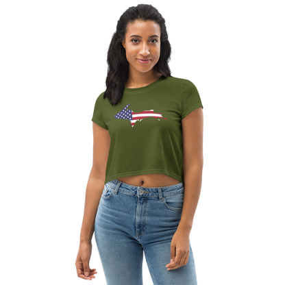 Michigan Upper Peninsula Crop Top (w/ UP USA Flag) | Sporty - Army Green