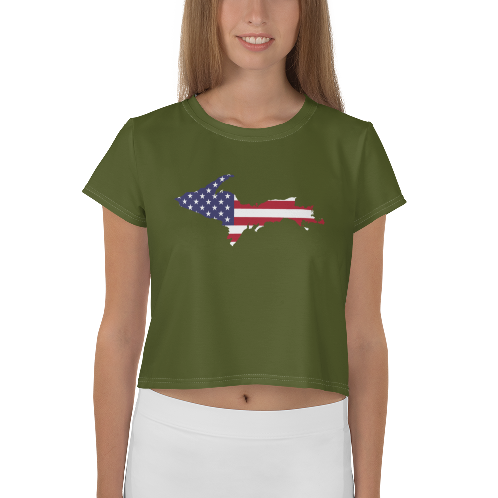 Michigan Upper Peninsula Crop Top (w/ UP USA Flag) | Sporty - Army Green