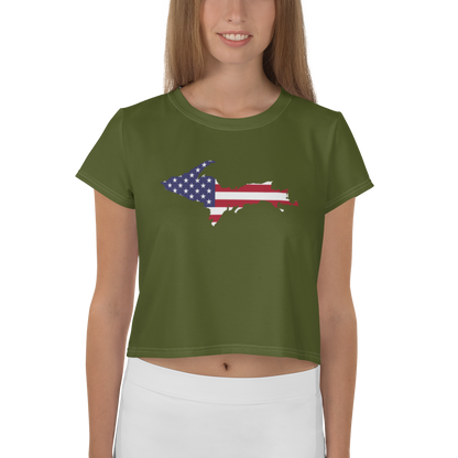 Michigan Upper Peninsula Crop Top (w/ UP USA Flag) | Sporty - Army Green