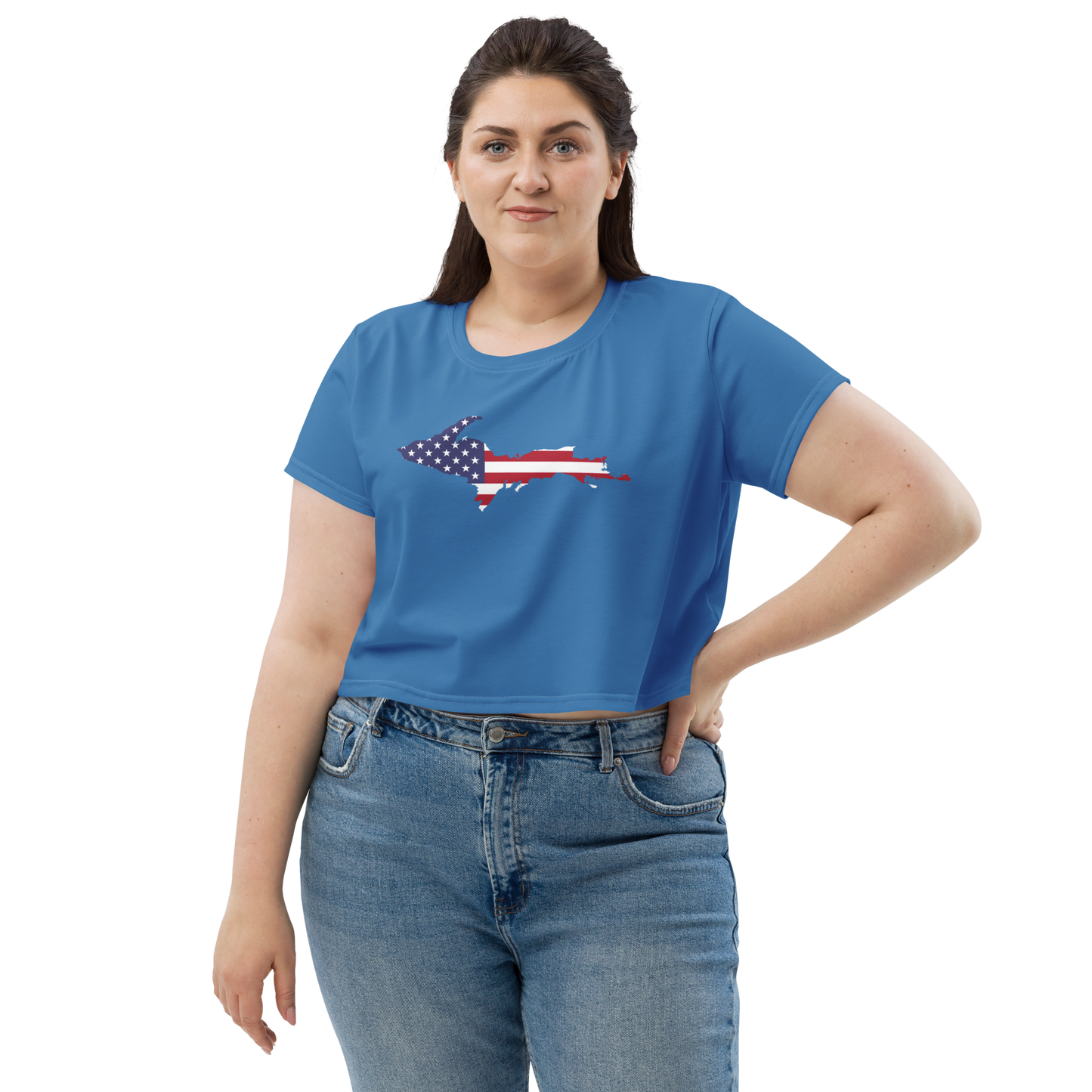 Michigan Upper Peninsula Crop Top (w/ UP USA Flag) | Sporty - Lake Superior Blue