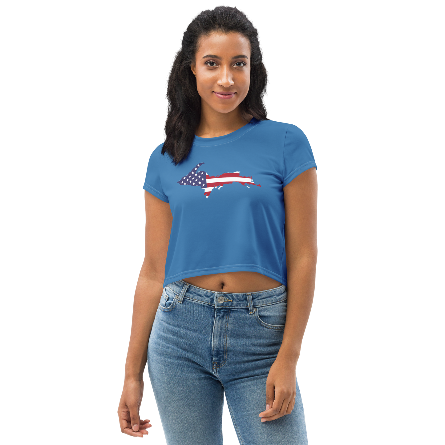 Michigan Upper Peninsula Crop Top (w/ UP USA Flag) | Sporty - Lake Superior Blue