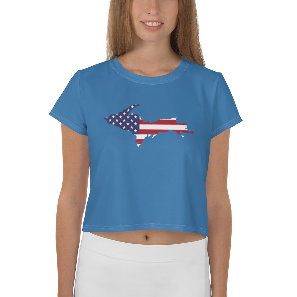 Michigan Upper Peninsula Crop Top (w/ UP USA Flag) | Sporty - Lake Superior Blue