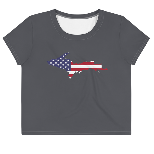 Michigan Upper Peninsula Crop Top (w/ UP USA Flag) | Sporty - Iron Ore Grey