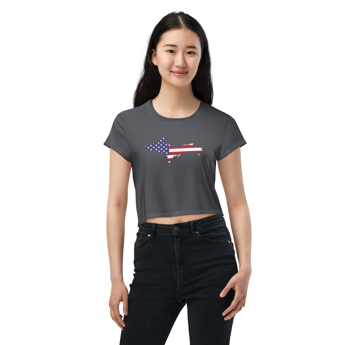 Michigan Upper Peninsula Crop Top (w/ UP USA Flag) | Sporty - Iron Ore Grey