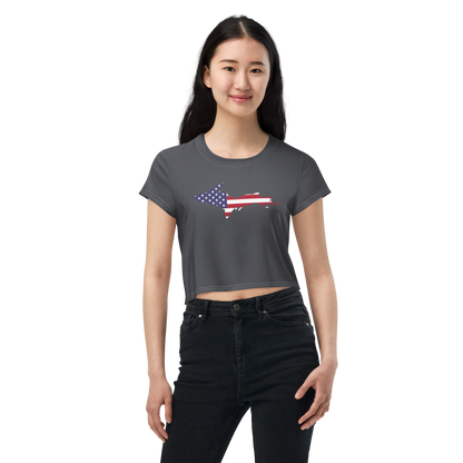 Michigan Upper Peninsula Crop Top (w/ UP USA Flag) | Sporty - Iron Ore Grey