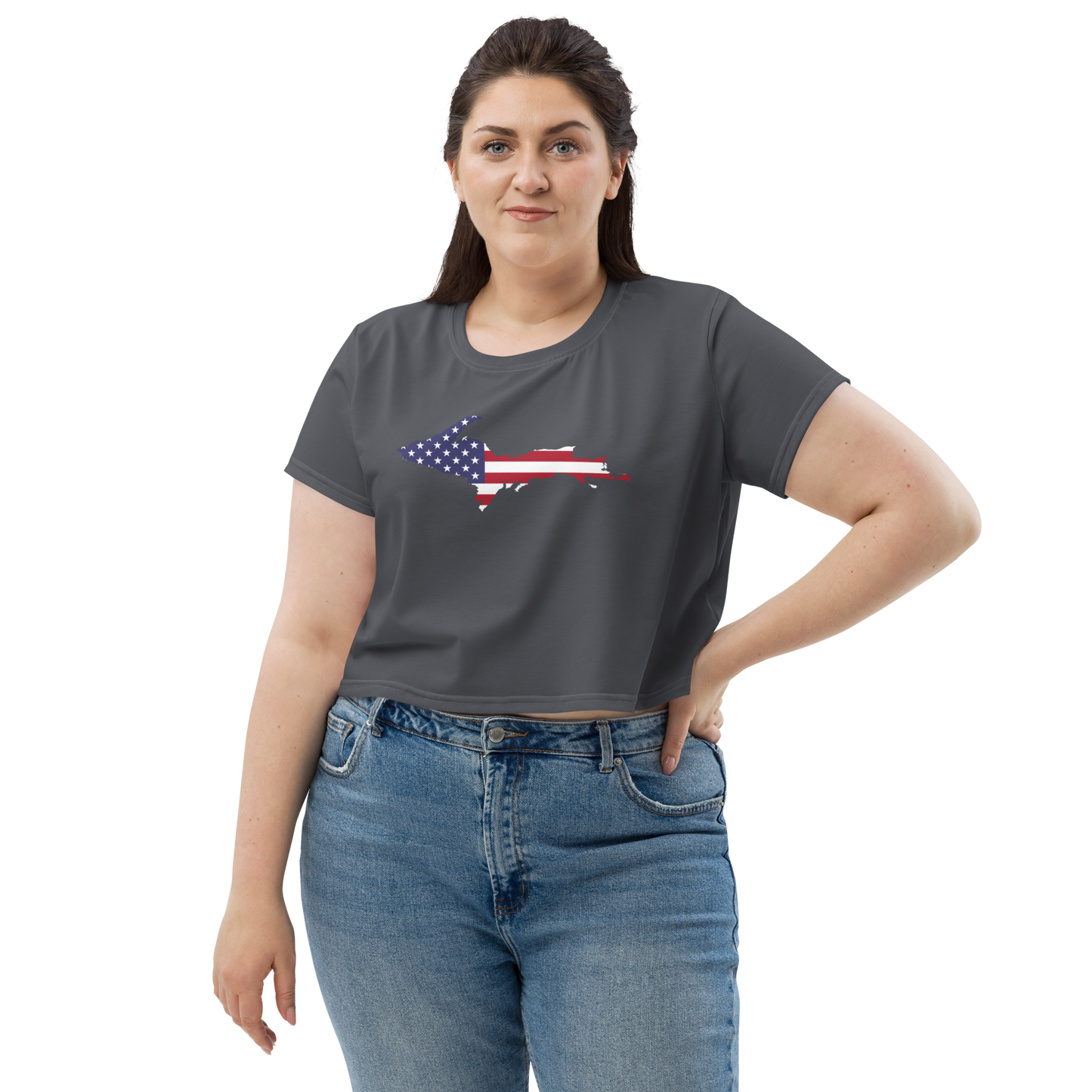 Michigan Upper Peninsula Crop Top (w/ UP USA Flag) | Sporty - Iron Ore Grey